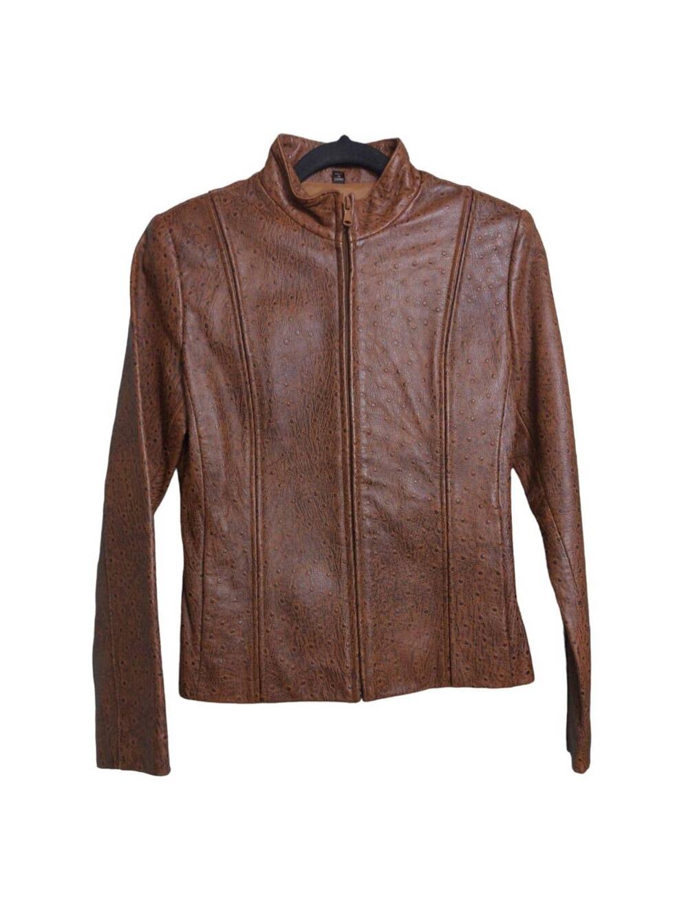 London Underground Moto Jacket Brown Animal Print Ostrich Leather Mandarin S